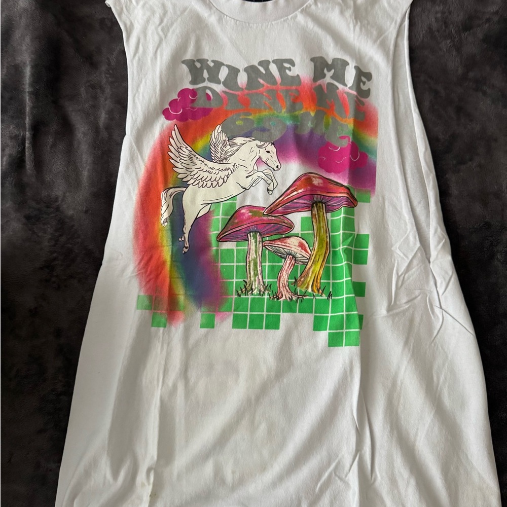 White Graphic Tee with Pegasus and Mushrooms